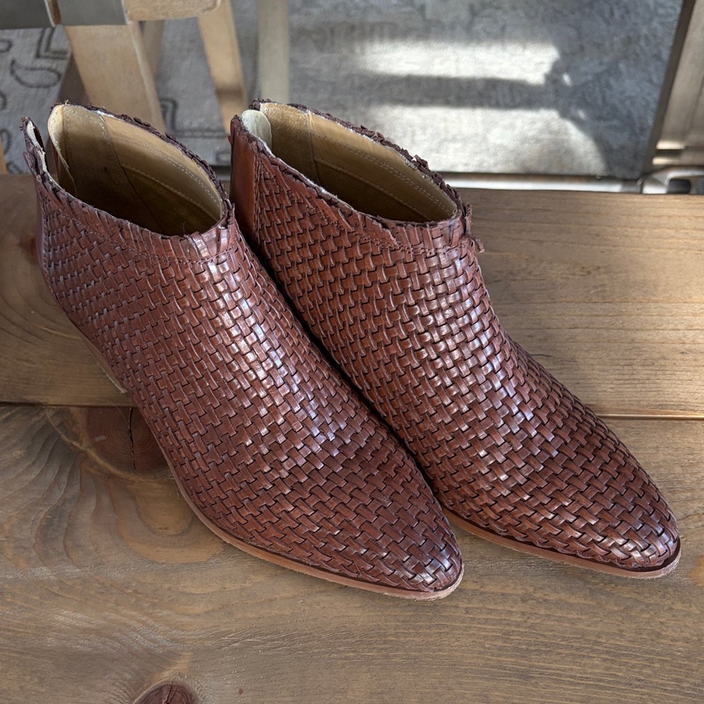 Vintage Foundry Co. Woven Brown Heeled Booties-7.5